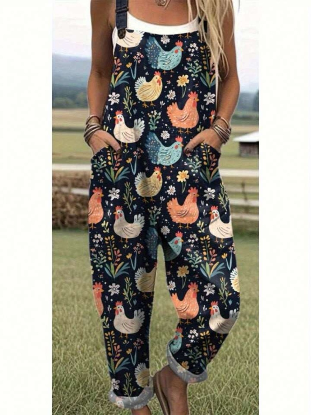 Women's Navy Chicken Print Overalls Jumpsuit